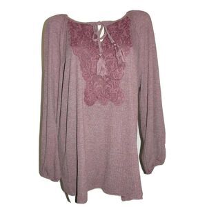 Weekend SUZANNE BETRO Top Women's Plus Size 1X Burgundy Crochet Overlay Tunic
